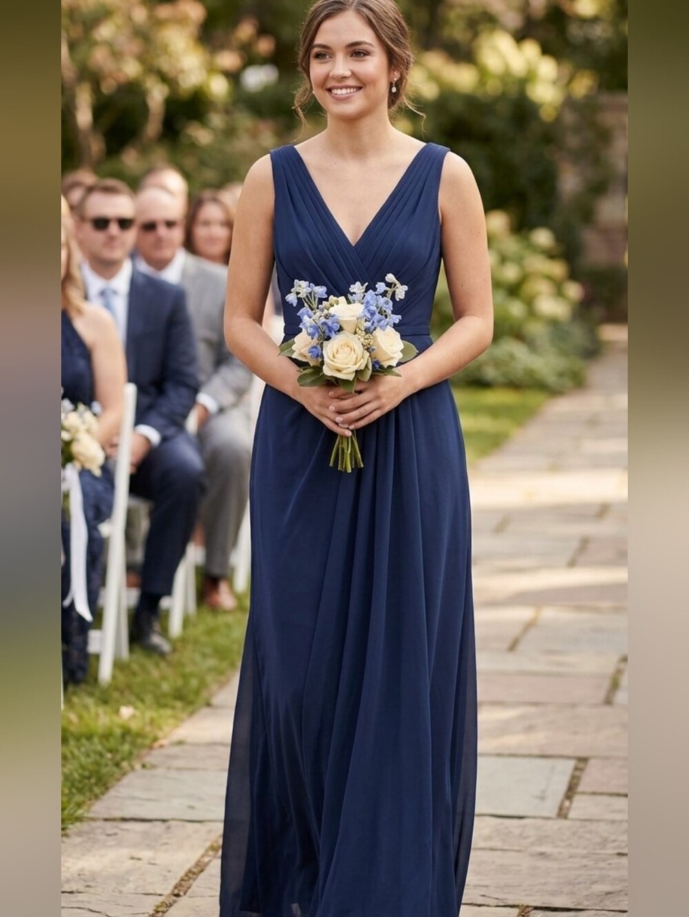 Davids Bridal Bridesmaid Floor Length Navy Blue V Neck Empire Dress Size 2-4